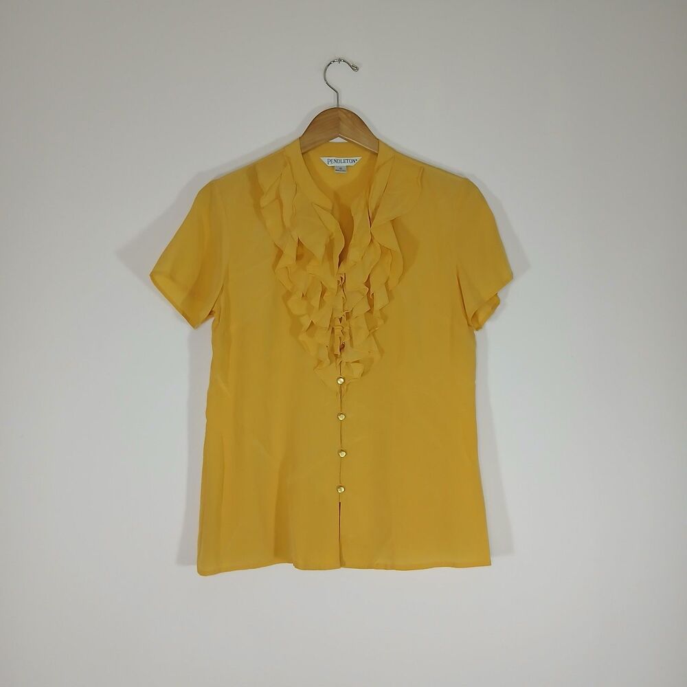 Pendleton Mustard Yellow Silk Ruffle Blouse Size 10 Vintage Cottagecore Boho